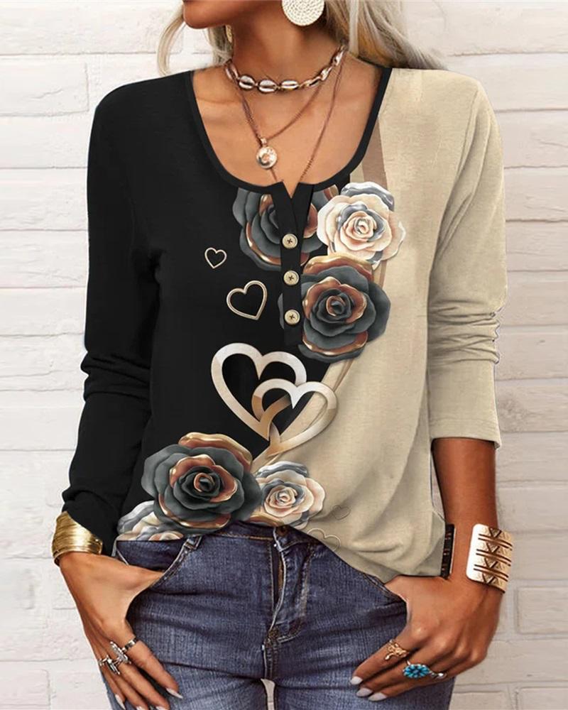 

Floral Heart Print Colorblock Long Sleeve Top, Black