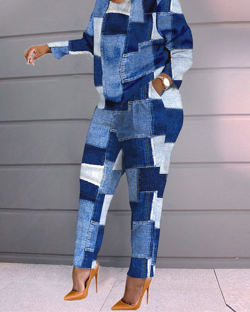 

Denim Look Print Top & Pocket Design Pants Set, Blue