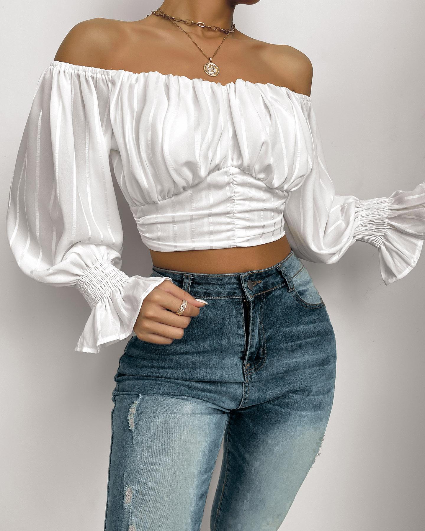 Off Shoulder Ruched Lantern Sleeve Crop Top Long Sleeve Tee Shirts Skinny Blouse