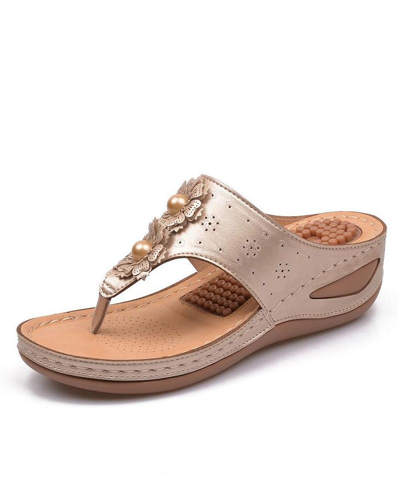 

Floral Pattern Toe Post Wedge Sandals, Gold