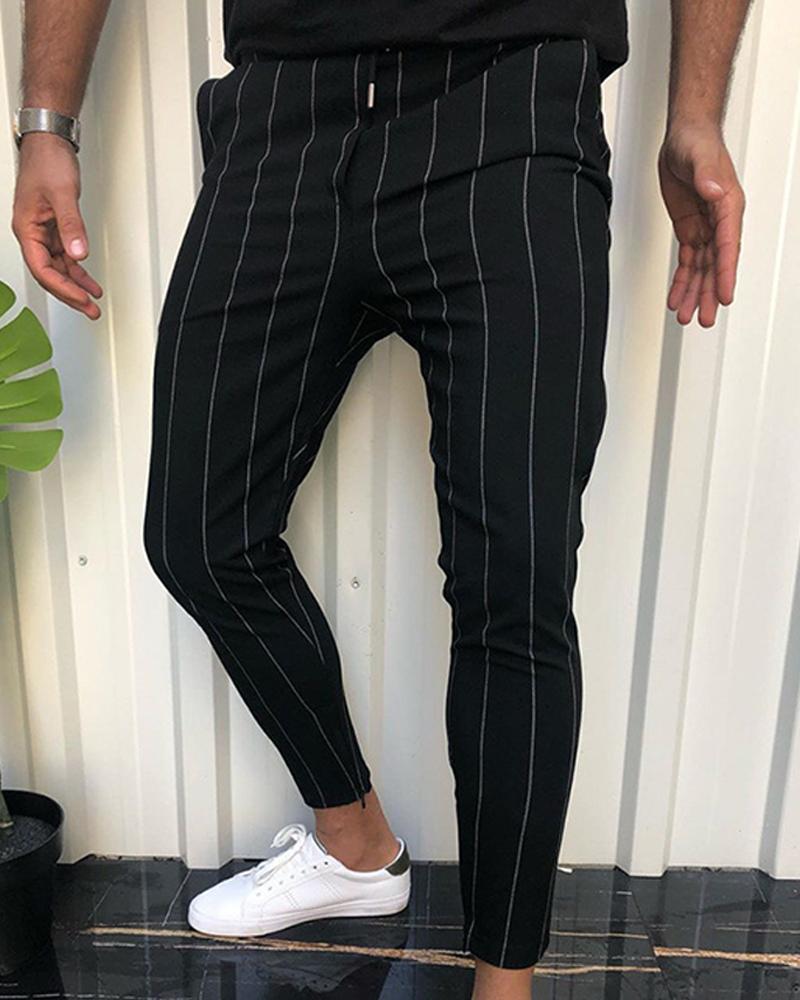 

Stripe Drawstring Zipper Skinny Pants, Black