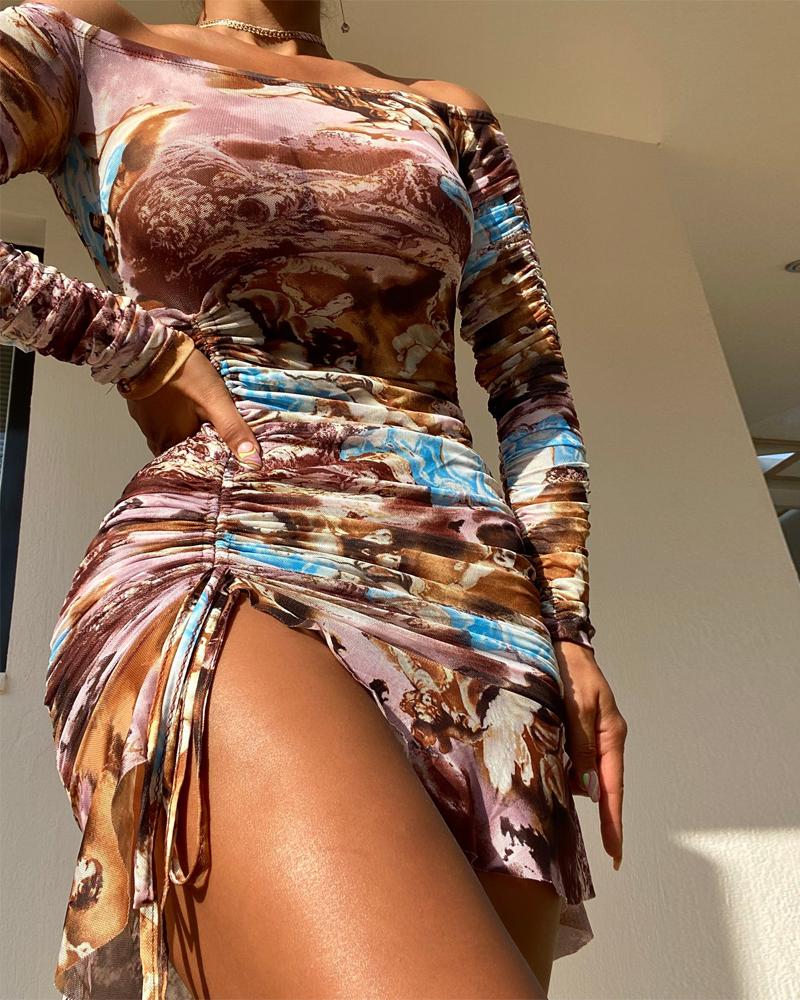 

Abstract Print Off Shoulder Drawstring Ruched Bodycon Dress, Multicolor