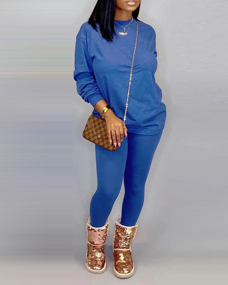 

Long Sleeve Casual Top & Pants Set, Blue