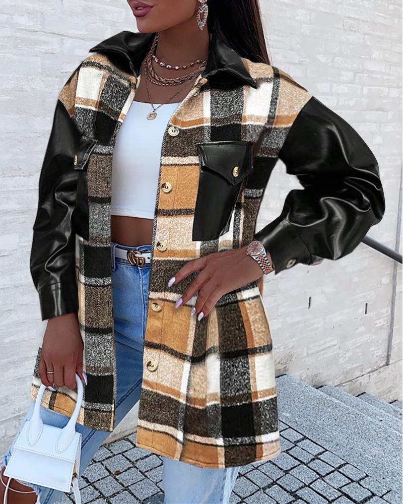 

Plaid Print Pocket Design PU Leather Patch Jacket, Brown