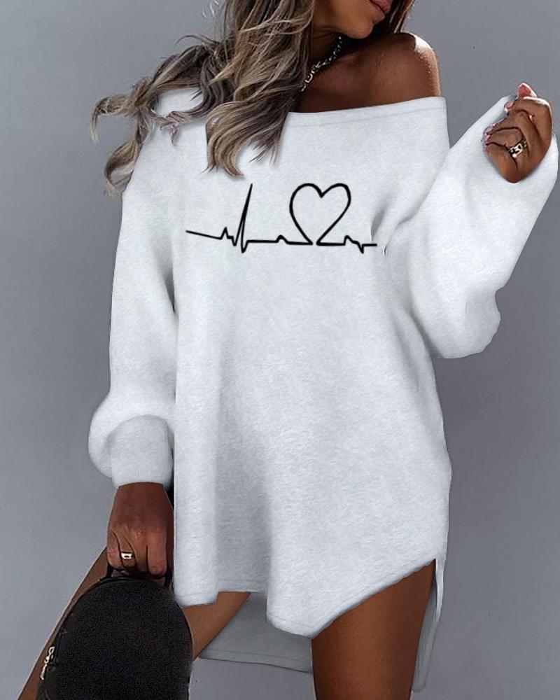 

Heart Print Long Sleeve Casual Dress, Gray