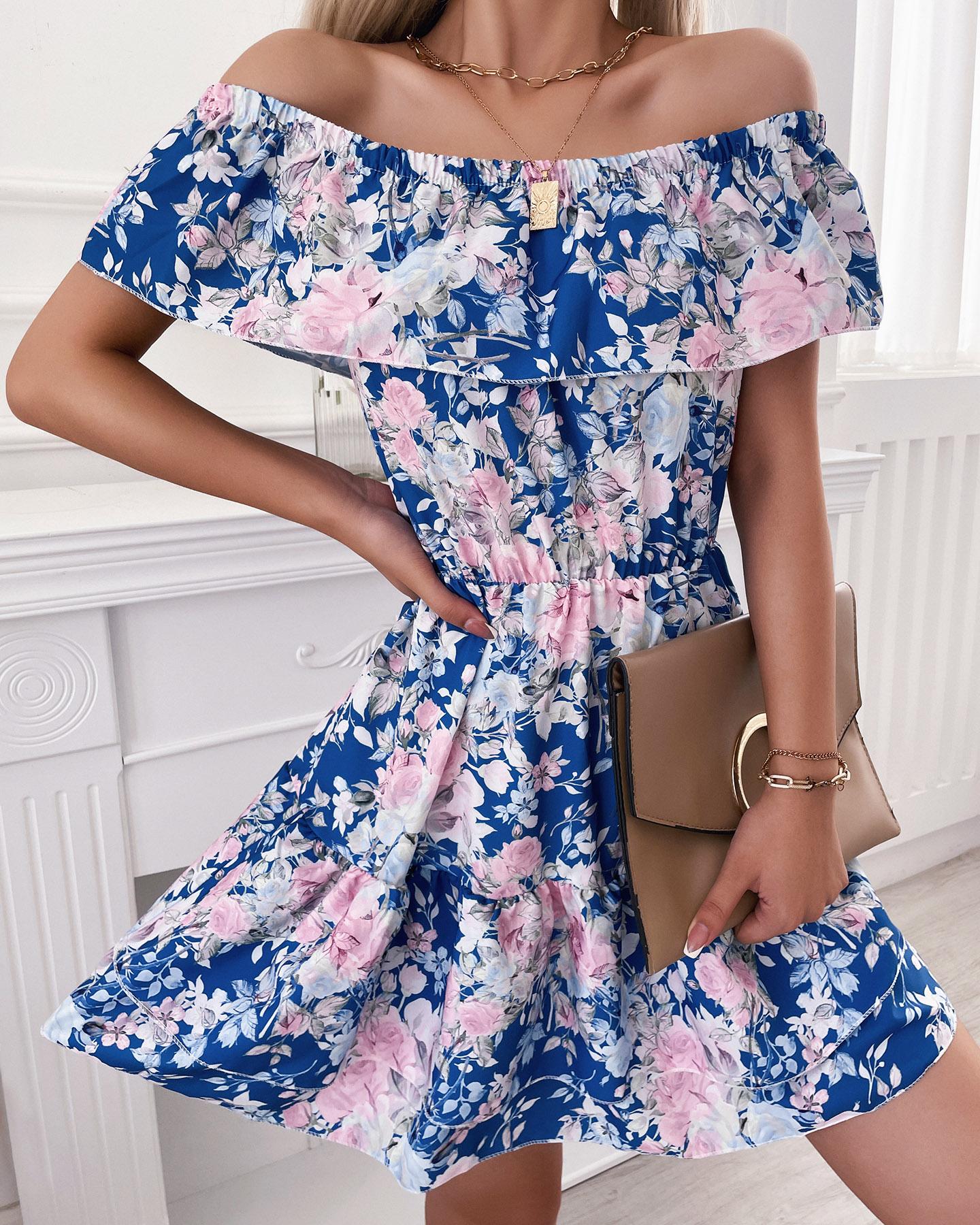 

Floral Print Off Shoulder Ruffle Hem Dress, Pink