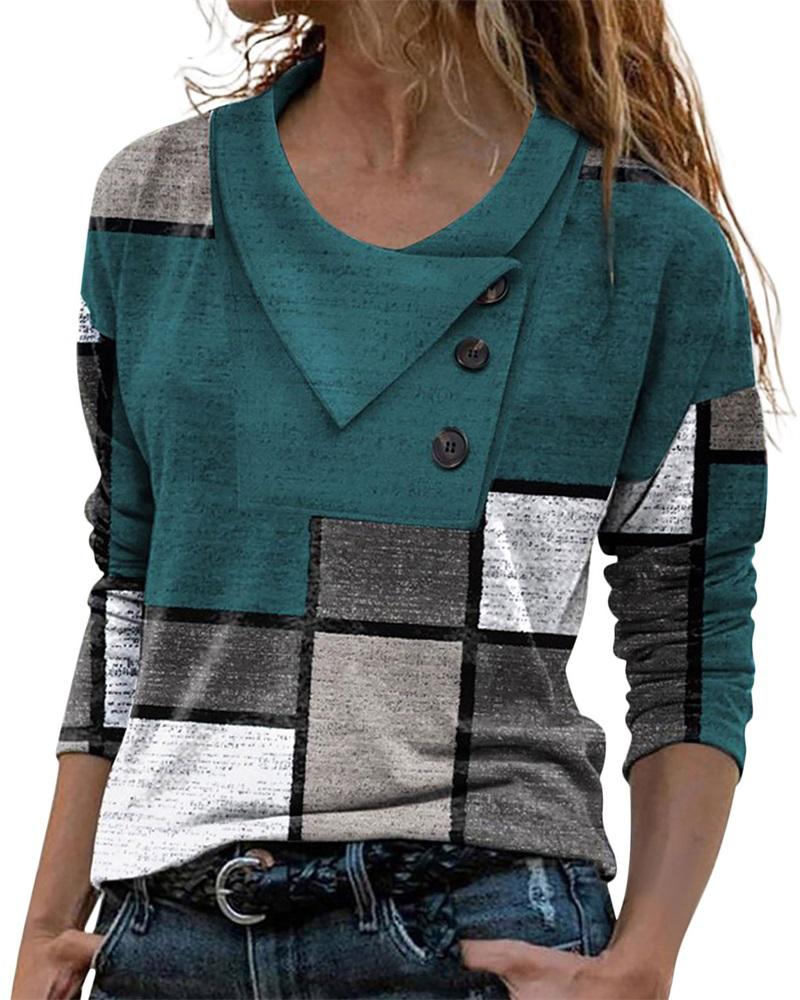 

Colorblock Button Decor Long Sleeve Top, Green