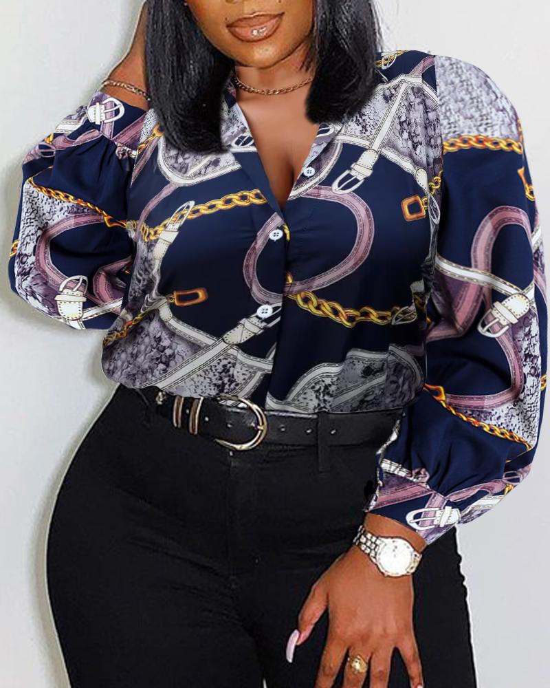

Plus Size Scarf Chain Print Button Down Shirt, Blue