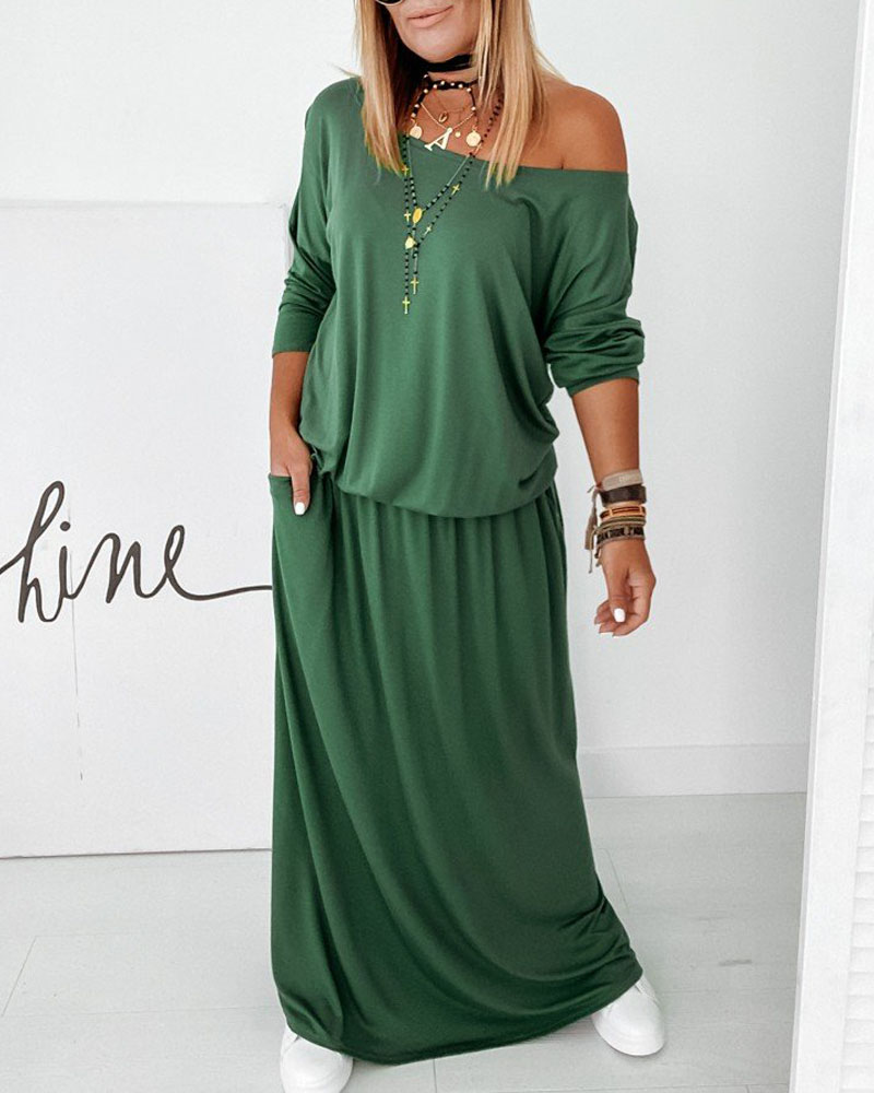 

Long Sleeve Pocket Design Casual Dress, Green