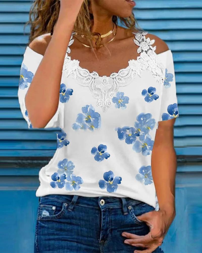 

Floral Print Contrast Lace Cold Shoulder Top, Style2