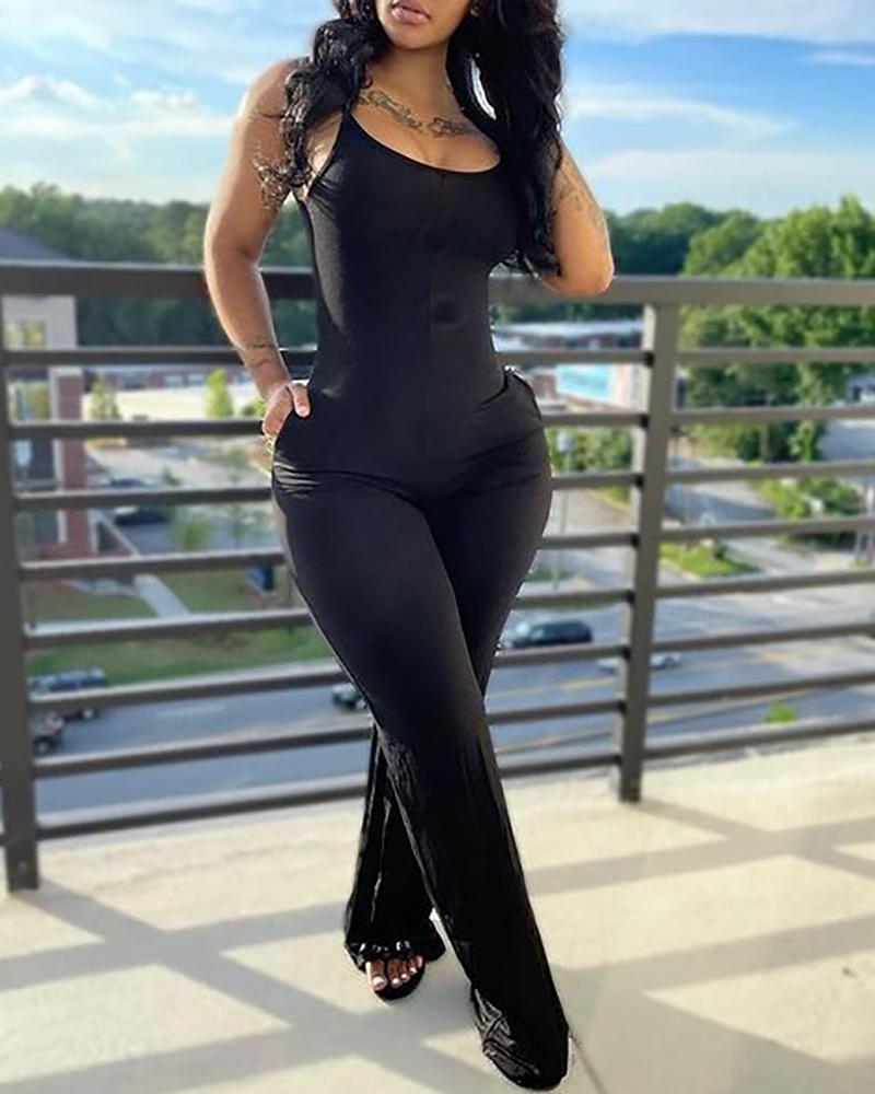 

U Neck Sleeveless Pocket Design Jumpsuit, Black