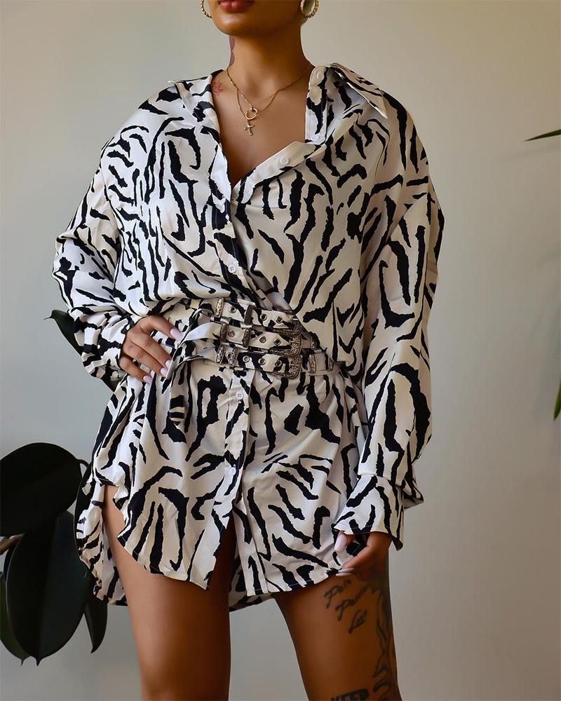 

Zebra Stripe Print Long Sleeve Shirt Dress, Black&white
