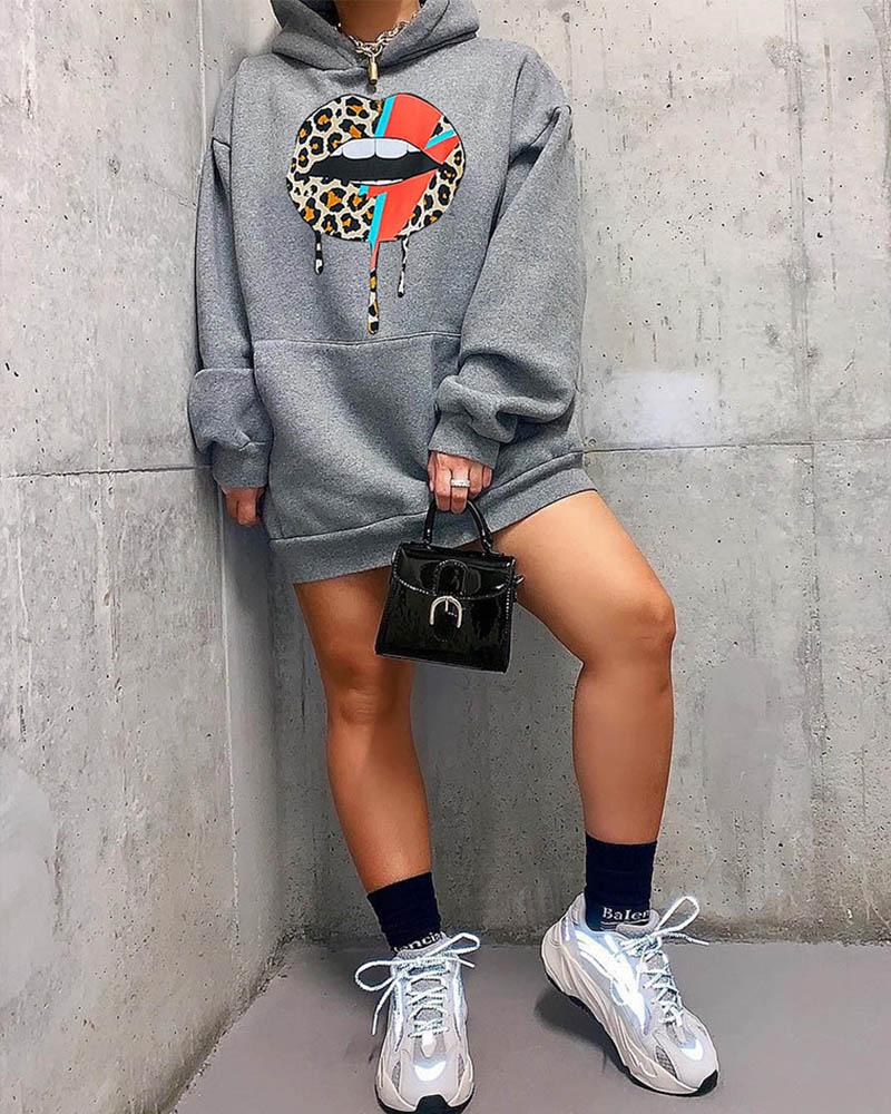 

Lip Cheetah Print Hooded Sweatshirt Dress, Gray