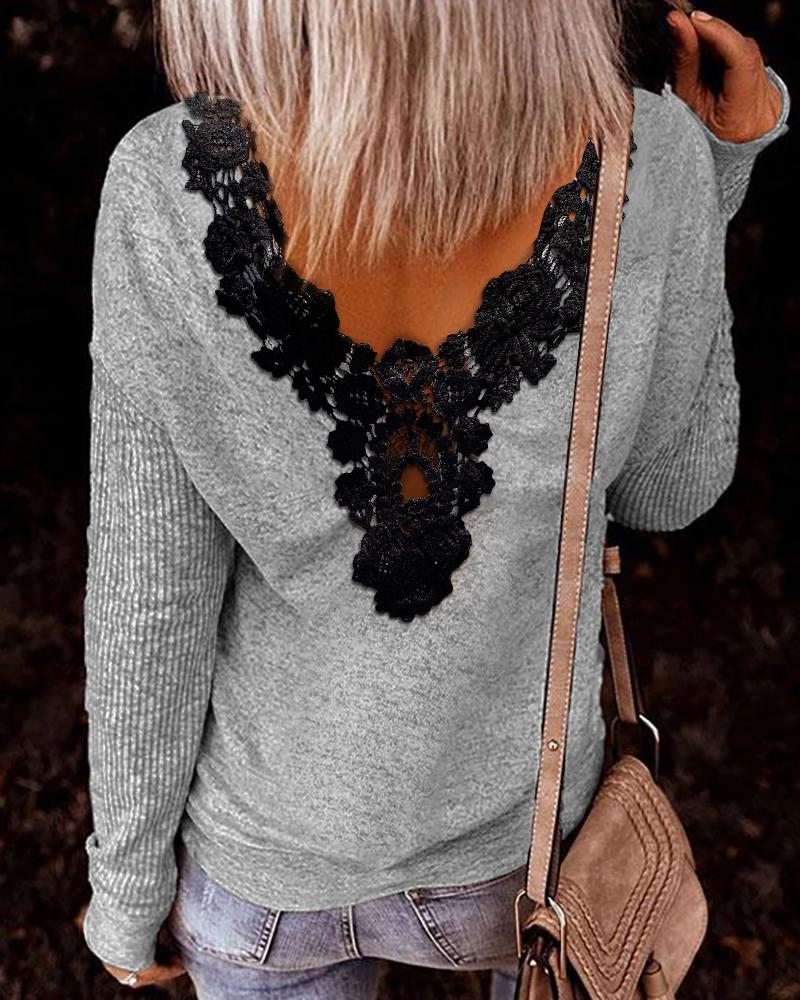 

Contrast Lace Long Sleeve Top, Gray