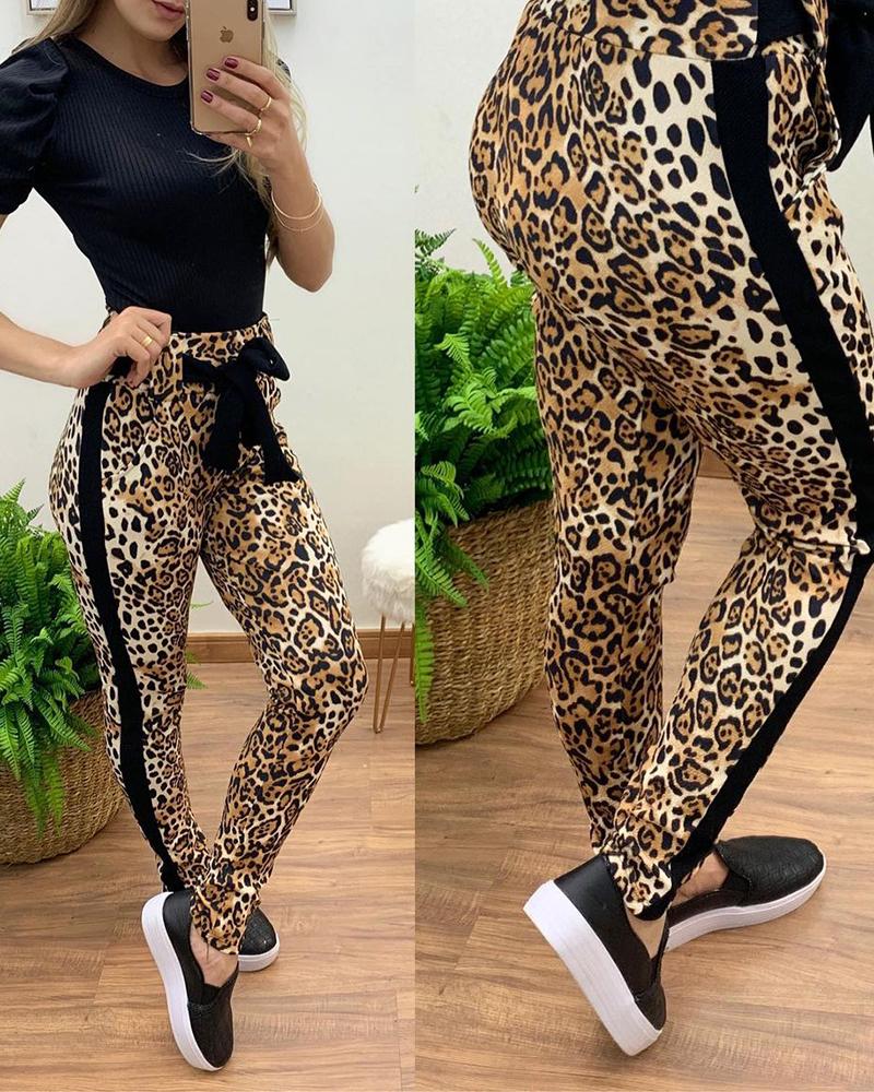 Striped Cheetah Print Tied Detail Skinny Pants