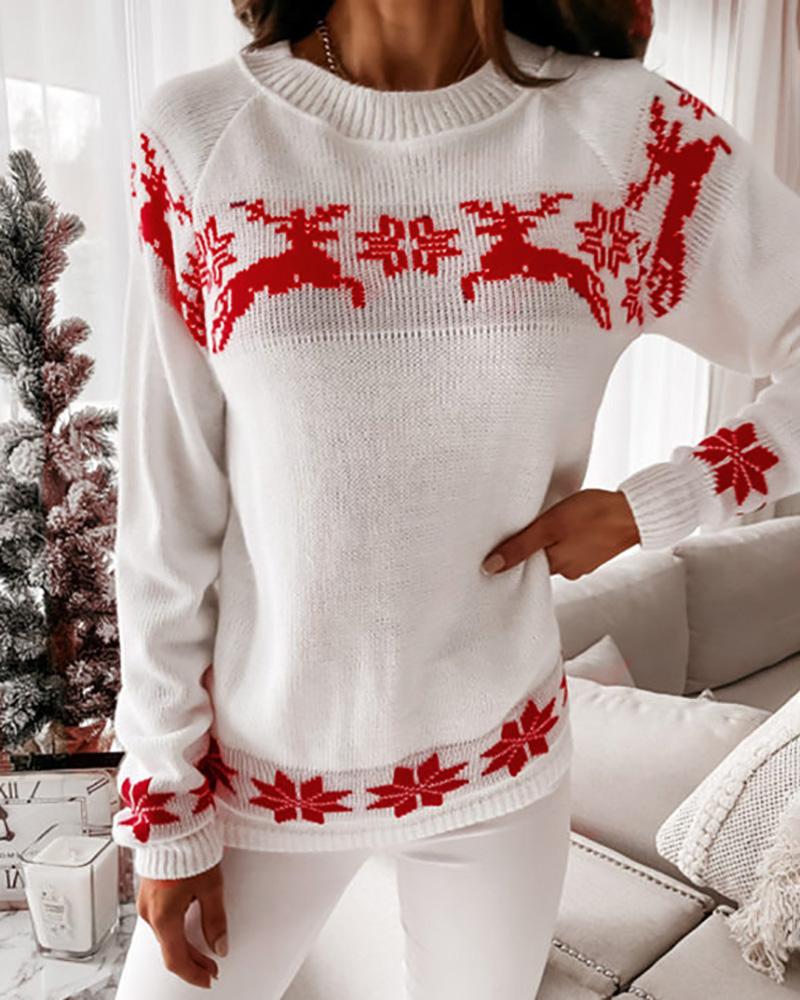

Christmas Long Sleeve Snowflake Deer Print Ugly Sweater, White
