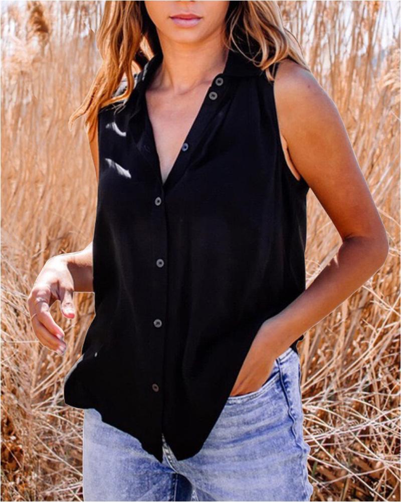 

Sleeveless Plain Button Down Shirt, Black