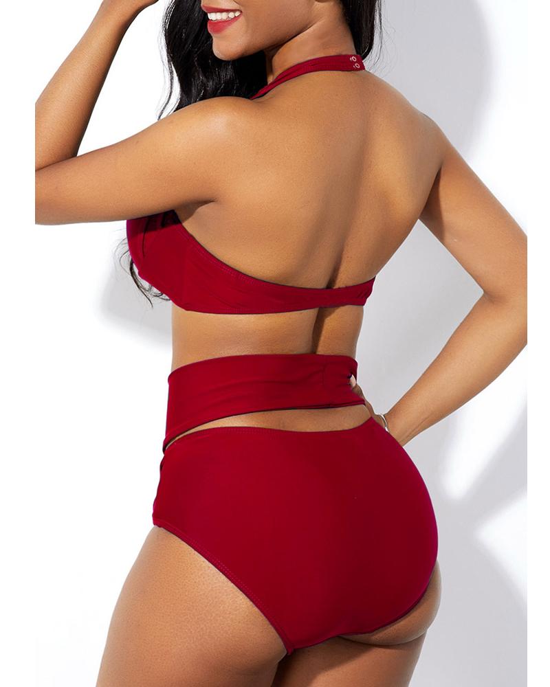 

Halter Cutout Sleeveless Bikini Set, Red