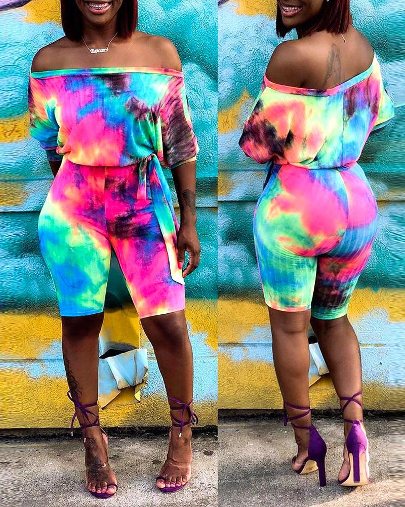 

Tie Dye Print Off Shoulder Belted Romper, Multicolor
