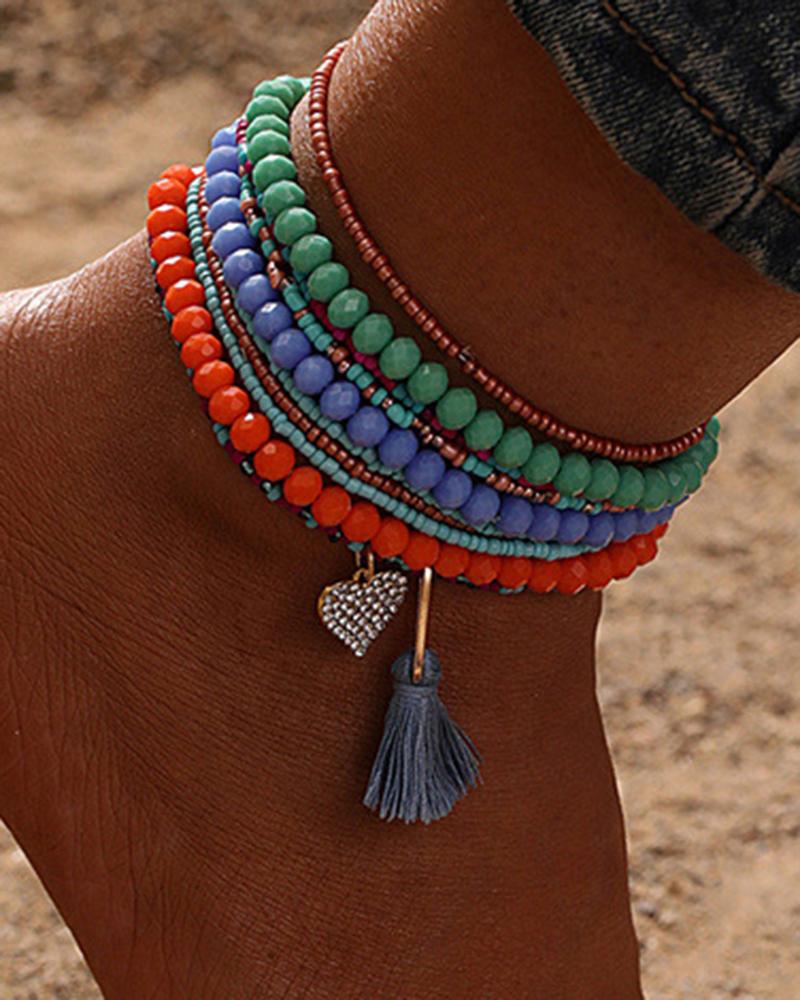 

1pcs Stackable Beaded Colorblock Heart Tassel Anklets Set, Style3