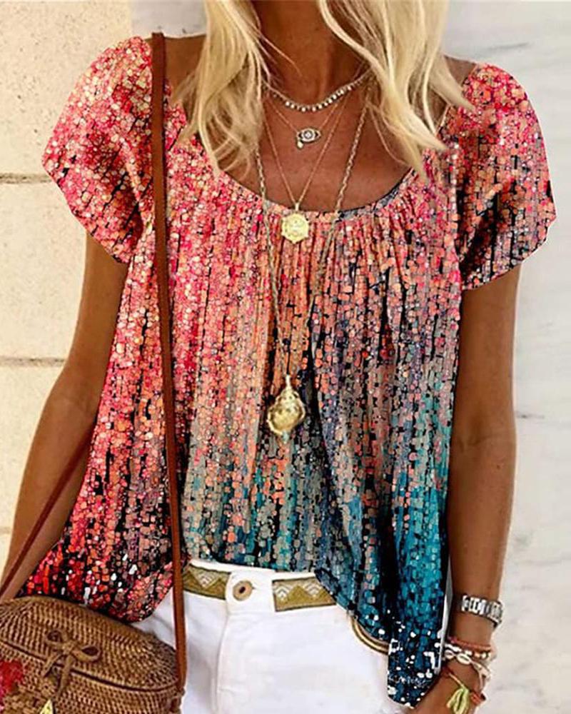 

Abstract Print Scoop Neck Short Sleeve T-Shirt, Multicolor