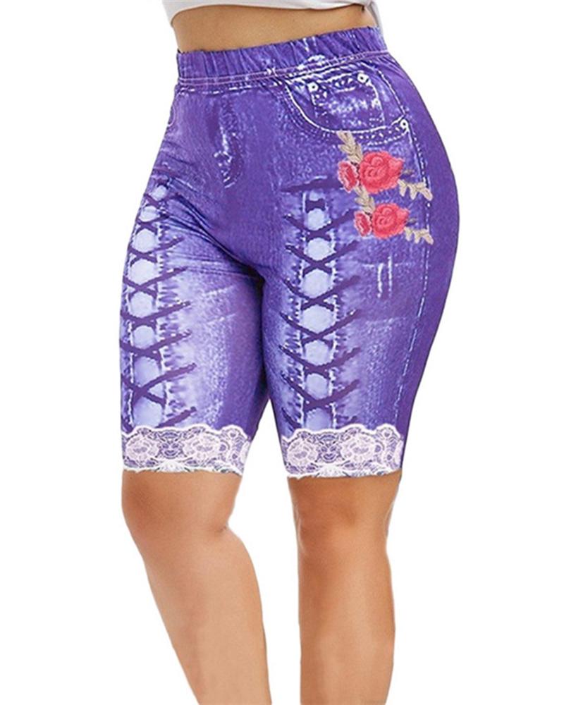 

Floral Denim Look Print Lace Patch Sports Leggings Yoga Shorts, Purple