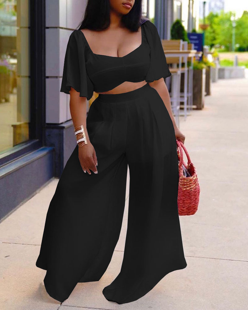 

Bell Sleeve Tie Back Crop Top & Wide Leg Pants Set, Black