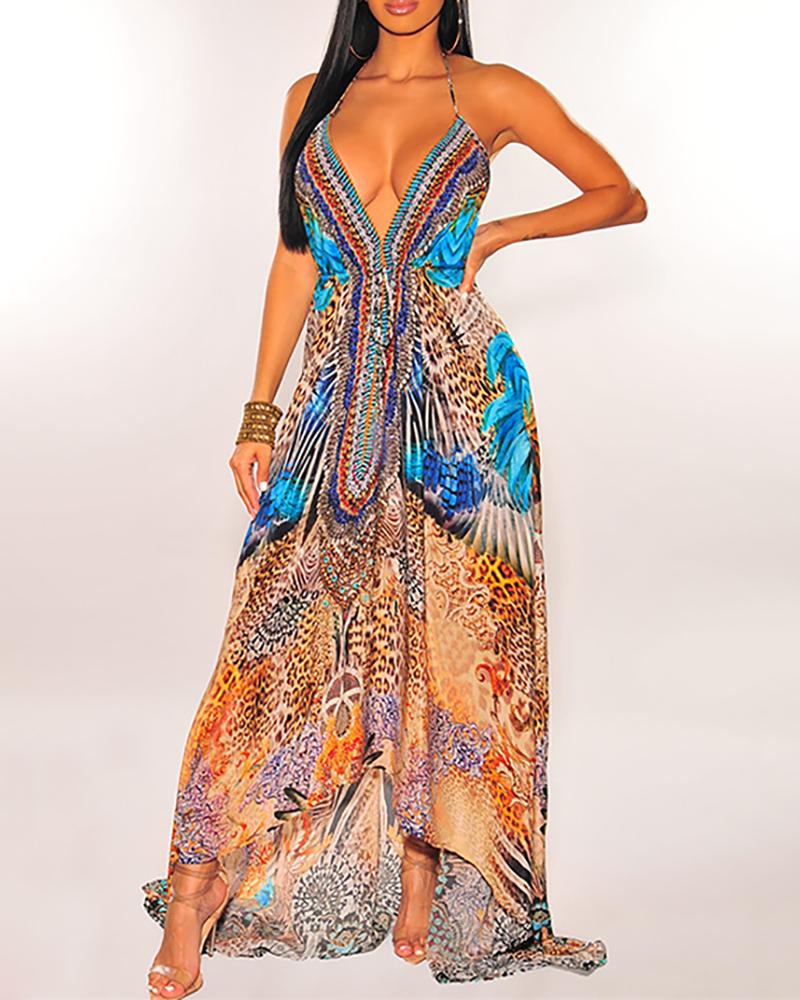 

Cheetah Print Colorblock Halter Backless Maxi Dress, Leopard