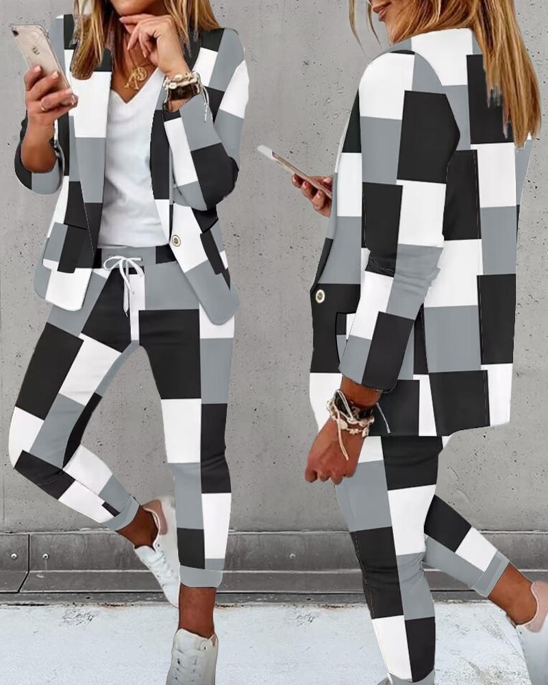 

Geometric Print Colorblock Blazer Coat & Drawstring Pants Set, Black