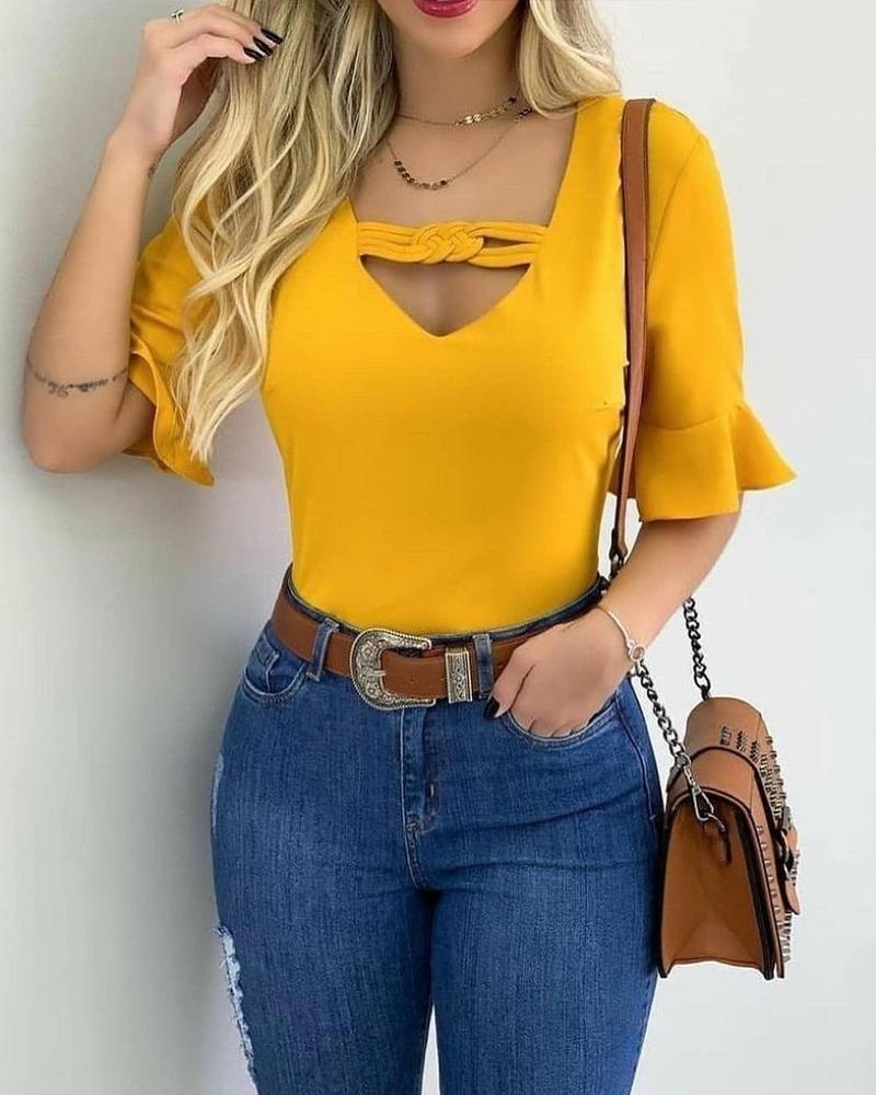 

Braided Design V-Neck Bell Sleeve Top, Yellow