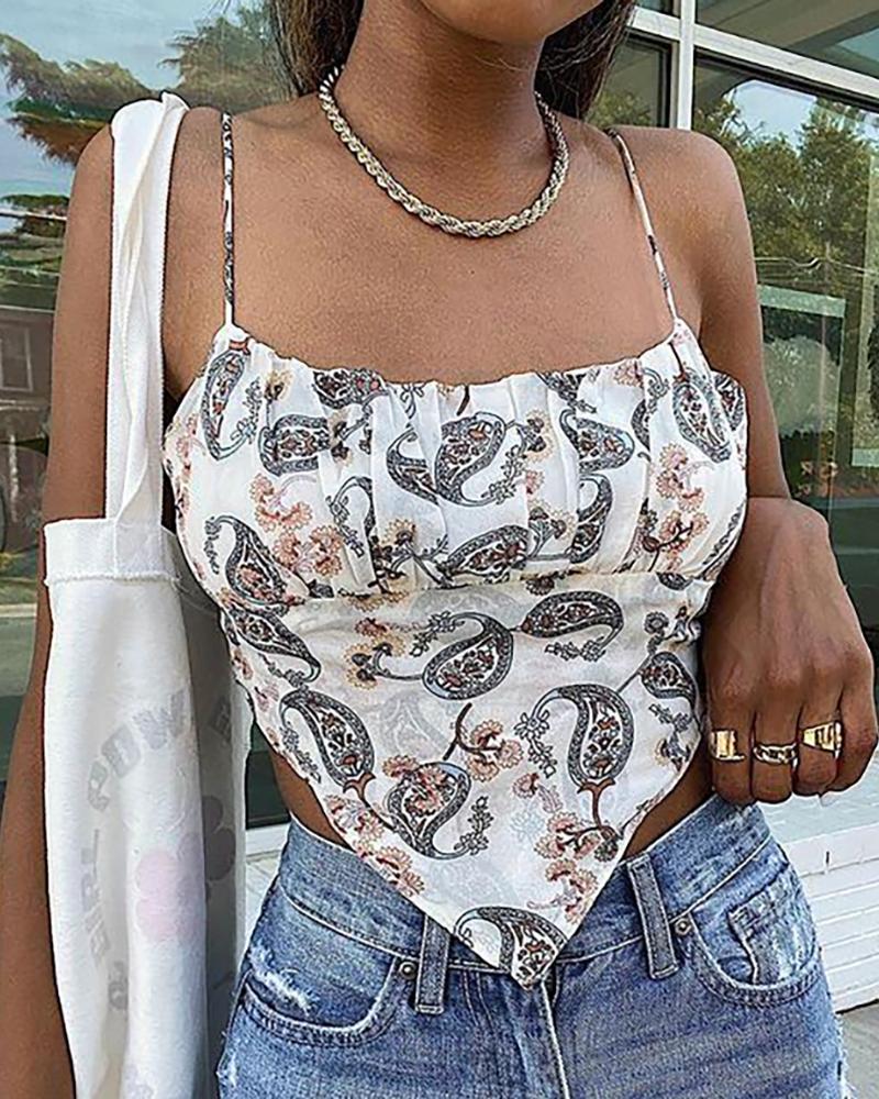 

Paisley Print Spaghetti Strap Pleated Asymmetrical Top, White