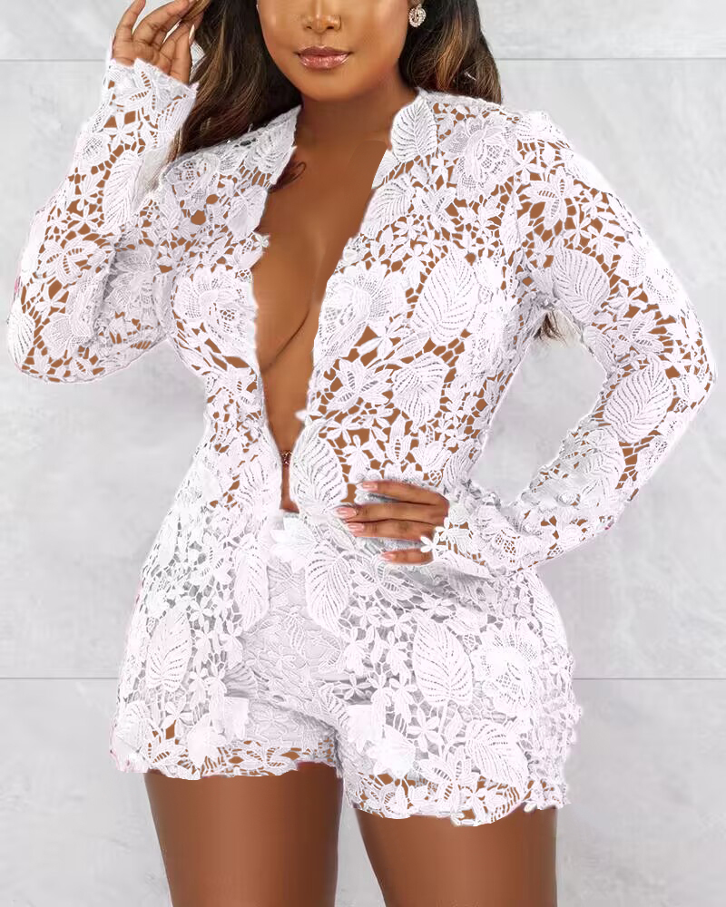 

Long Sleeve Guipure Lace Top & Shorts Set, White