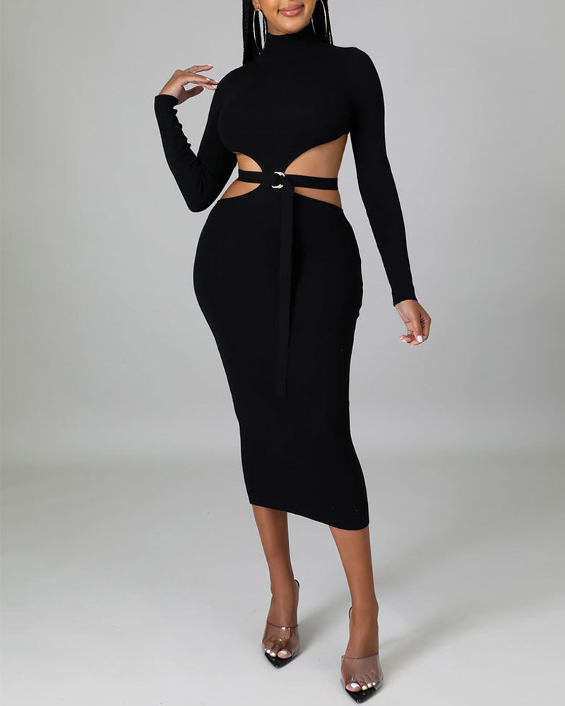 

Ribbed Cutout Long Sleeve Skinny Dress, Black