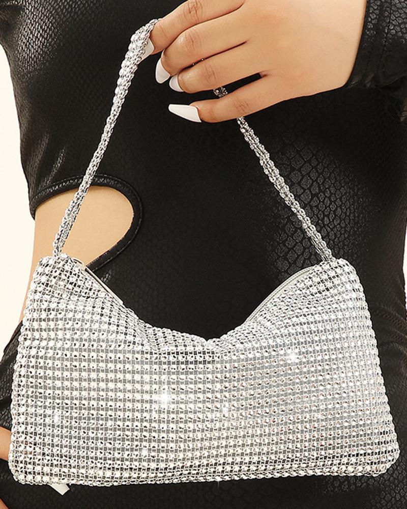 

Allover Rhinestone Zipper Detail Evening Shoulder Bag, Silver