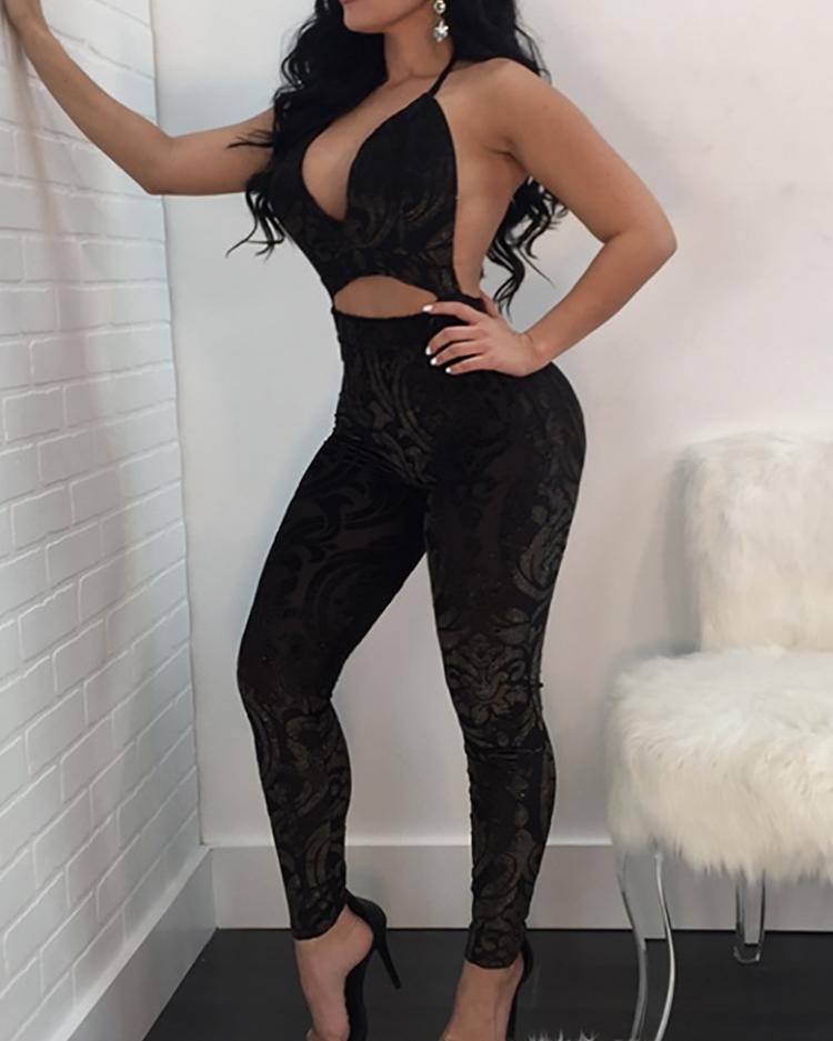 

Sexy Halter Cutout Open Back Jumpsuit, Black