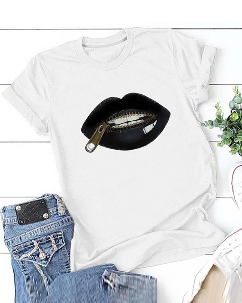 

Lip Zipper Print Short Sleeve Casual T-shirt, White