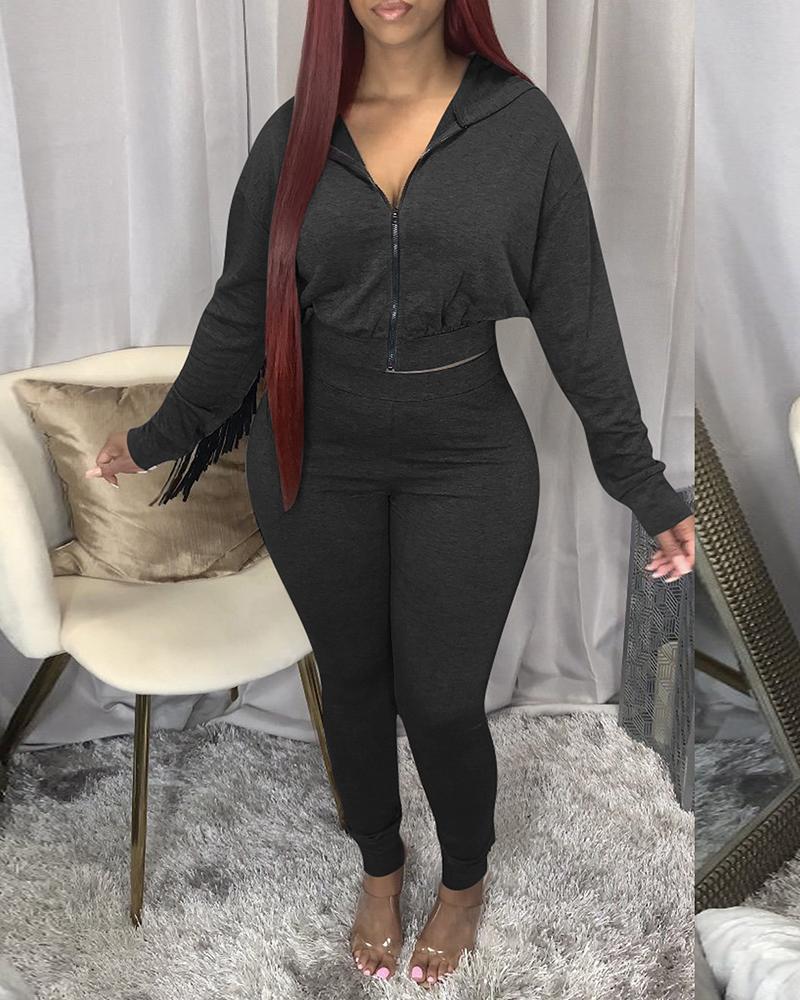 

Tassel Design Batwing Sleeve Hooded Crop Coat & Skinny Pants Set, Black