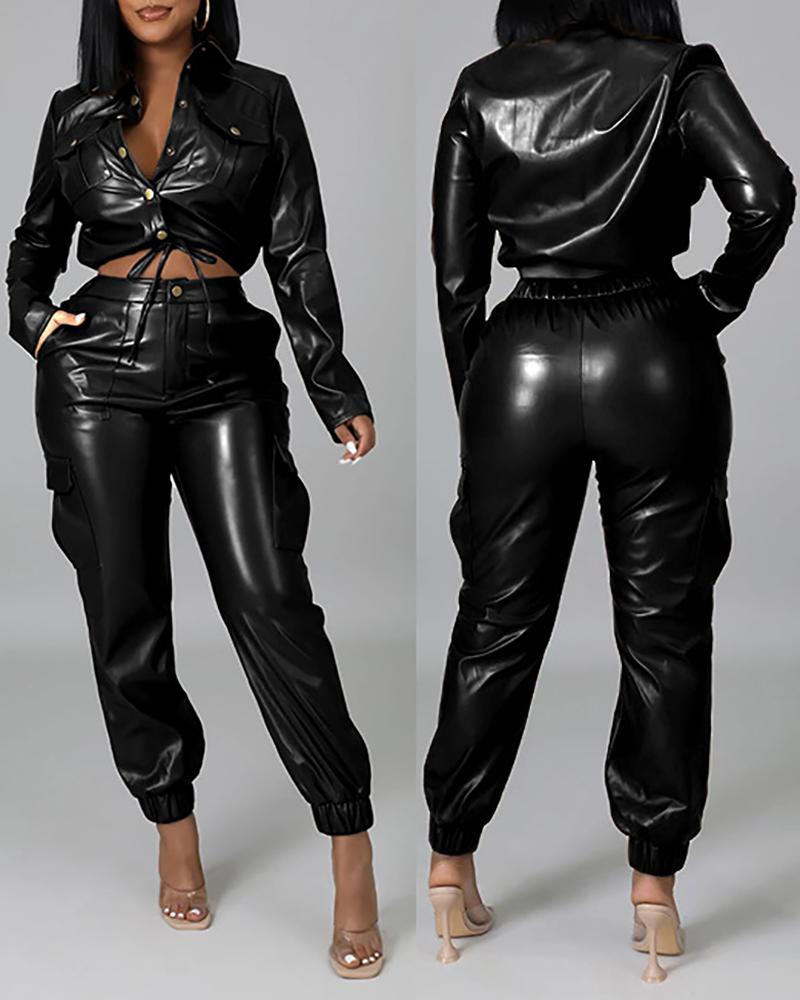 

PU Leather Pocket Design Top & High Waist Pants Set, Black