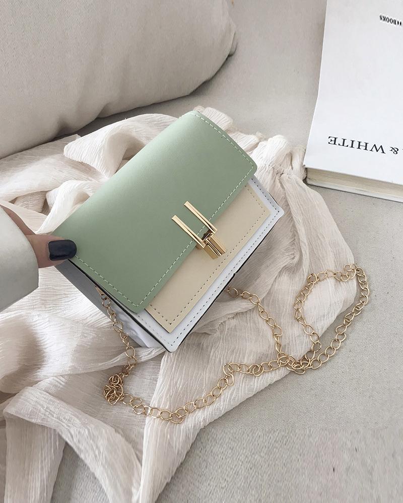 

Colorblock Chain Strap Lock Flap Shoulder Bag, Green