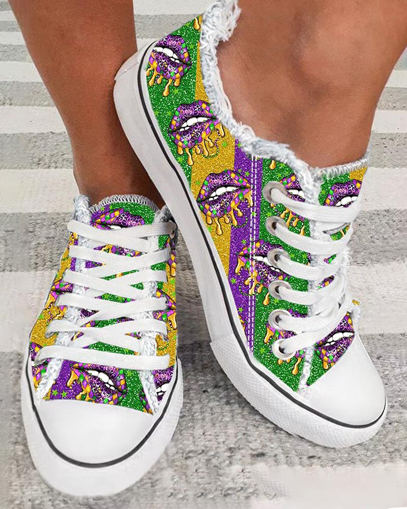 

Colorblock Lip Print Lace-up Fringe Hem Sneakers, Multicolor