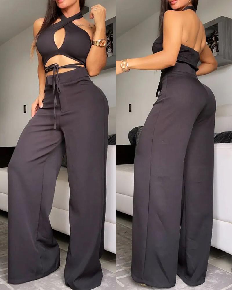 

Halter Tied Detail Cutout Top & Wide Leg Pants Set, Black