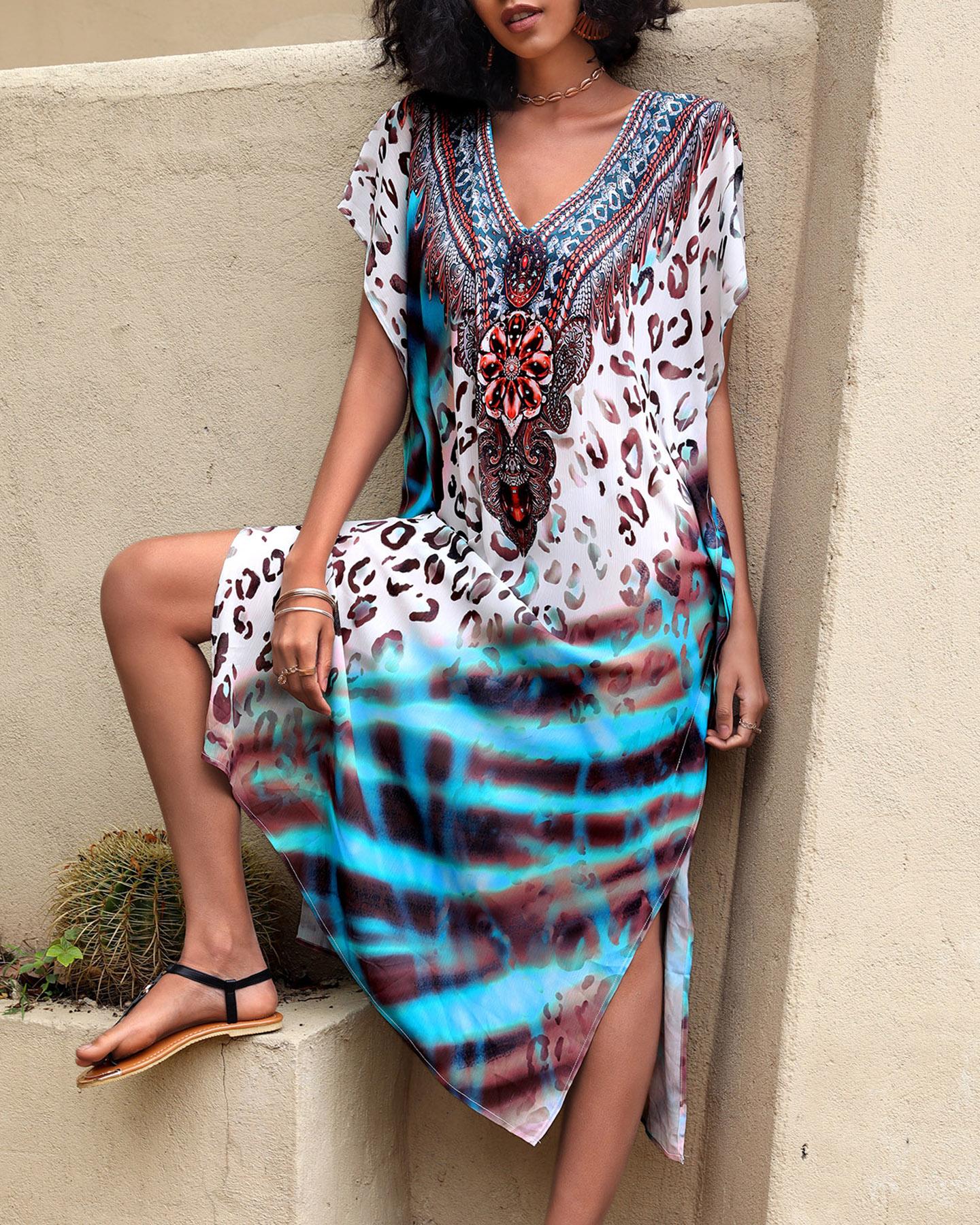 

Leopard Print Colorblock Long Sleeve Cover Up, Multicolor