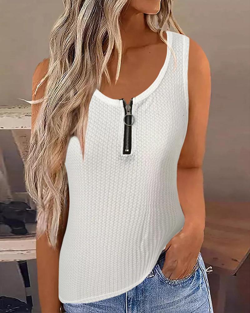 

Zipper Fly Round Neck Tank Top, White