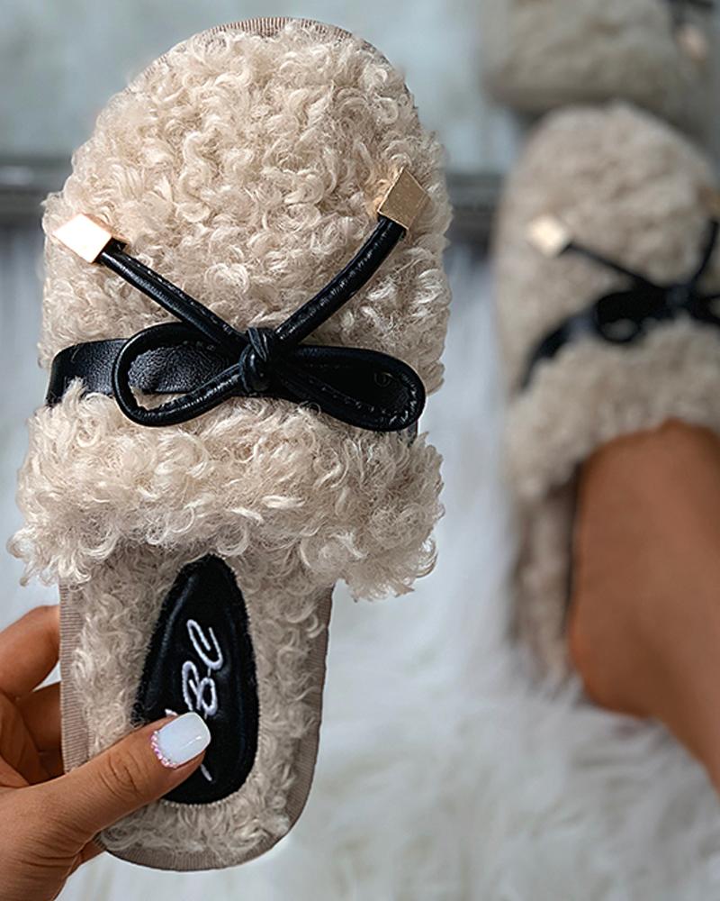 

Bowknot Fluffy Slippers, Khaki