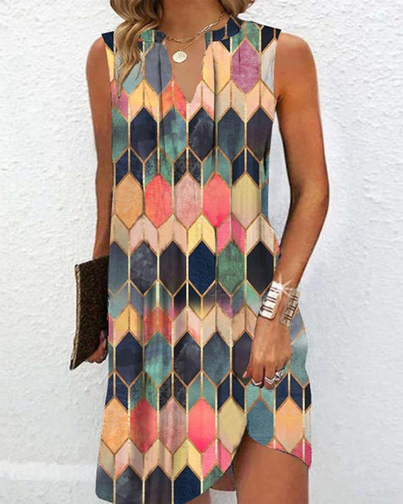 

Geometric Print Colorblock Notch Neck Casual Dress, Multicolor