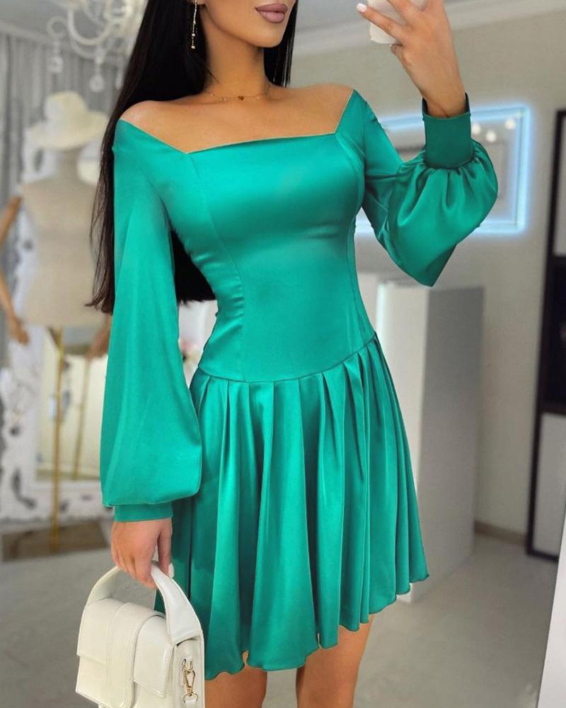 

Lantern Sleeve Satin Ruched Casual Dress, Green