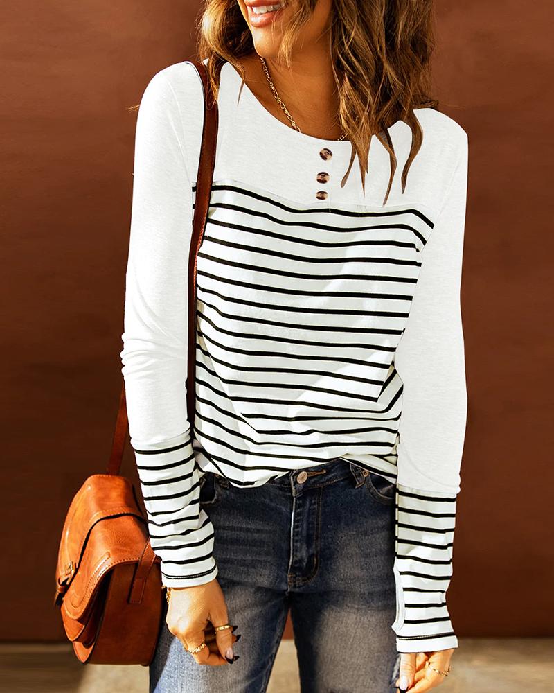 

Button Decor Striped Colorblock Top, White