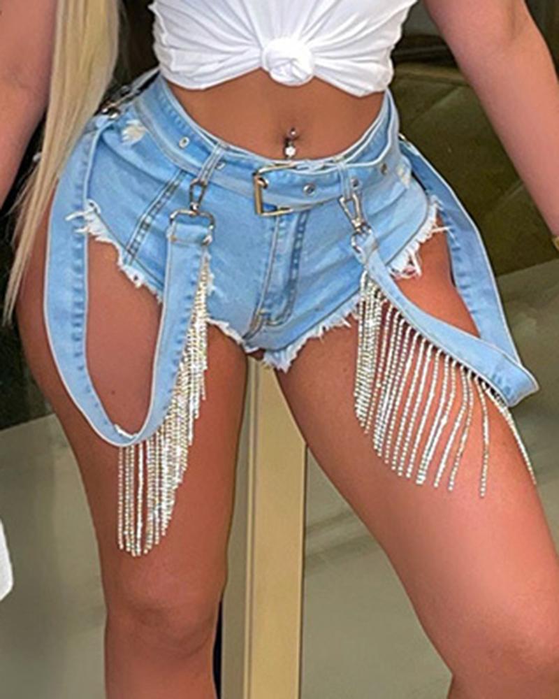 

Raw Hem Tassel Design Denim Shorts, Lighted blue