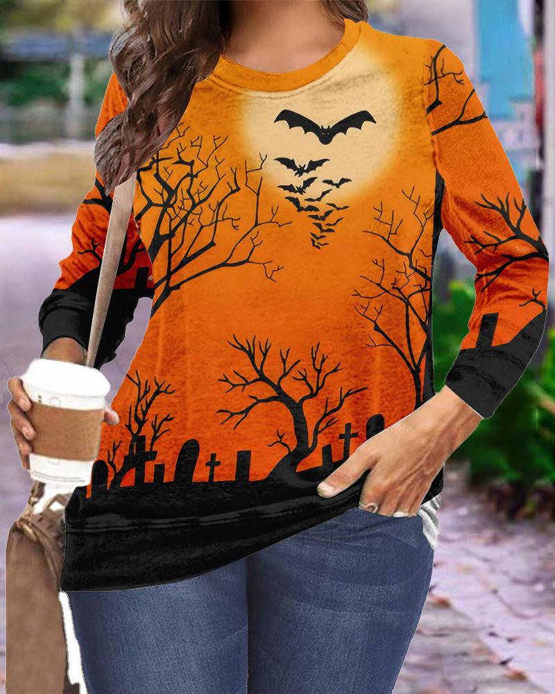 

Plus Size Halloween Graphic Print Long Sleeve Top, Orange