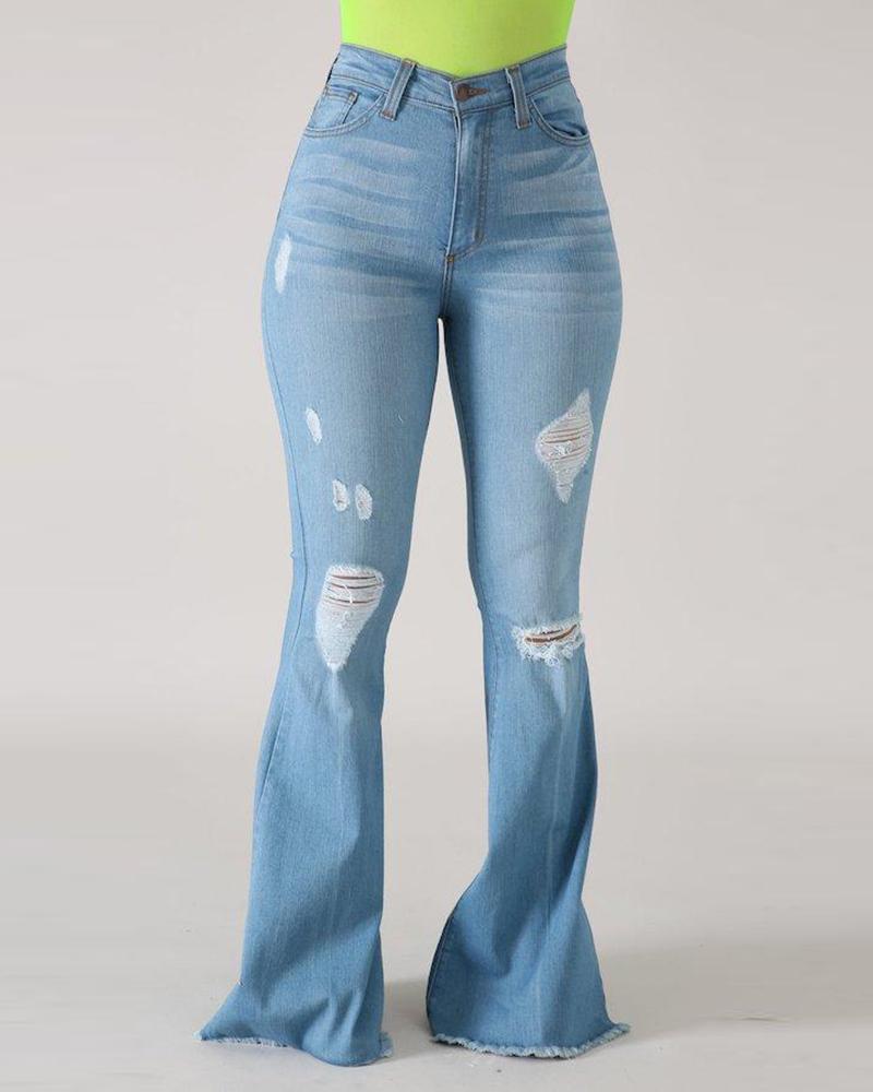 

High Waist Cutout Ripped Flared Jeans, Lighted blue